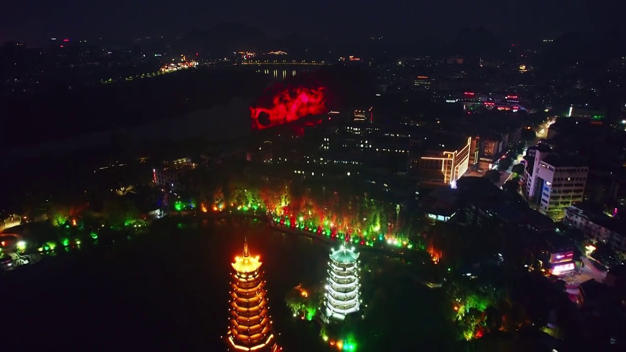 桂林两江四湖双塔夜景视频素材