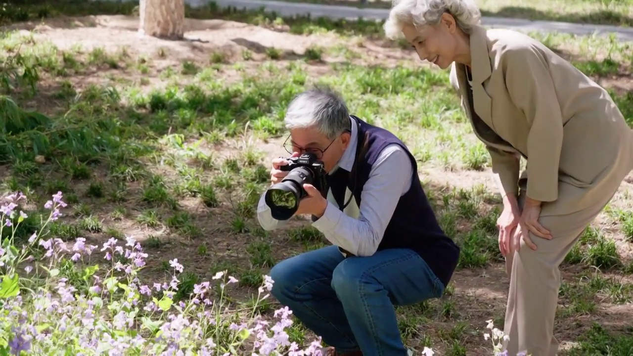 老年夫妻在公园拍照视频素材