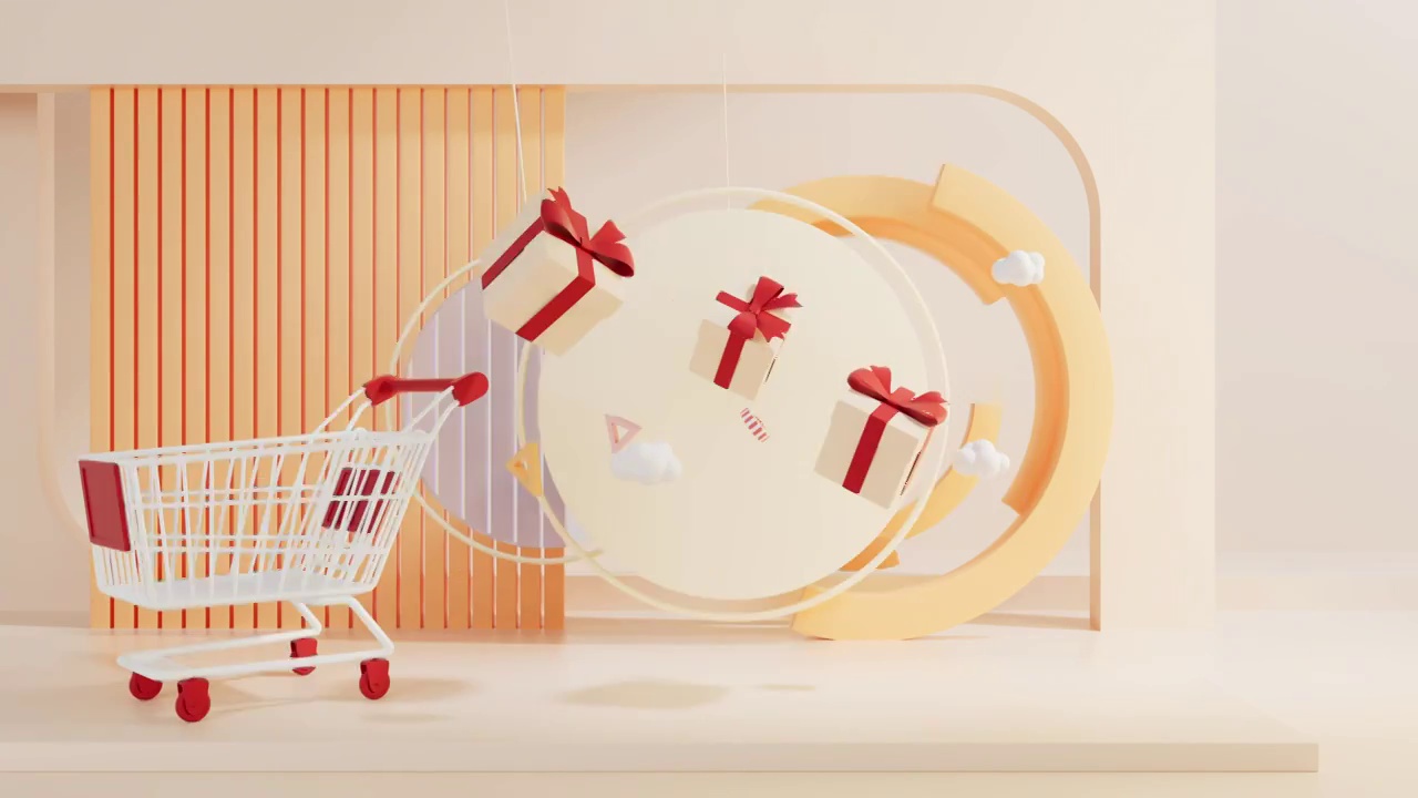 创意电商场景与购物车循环动画3D渲染视频素材