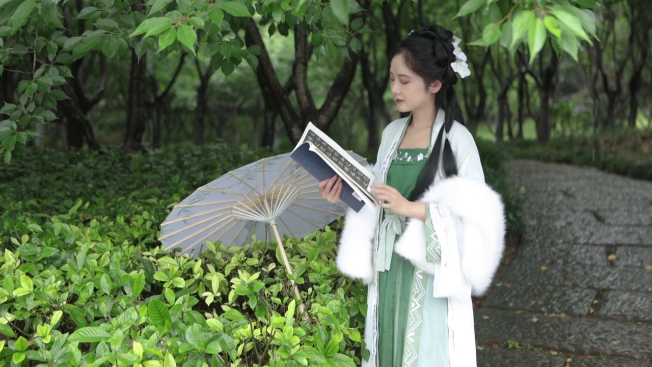 一个中国汉服美女在户外阅读书籍视频下载