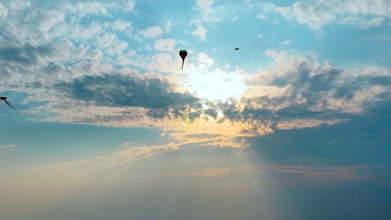 航拍夕阳下放风筝视频素材