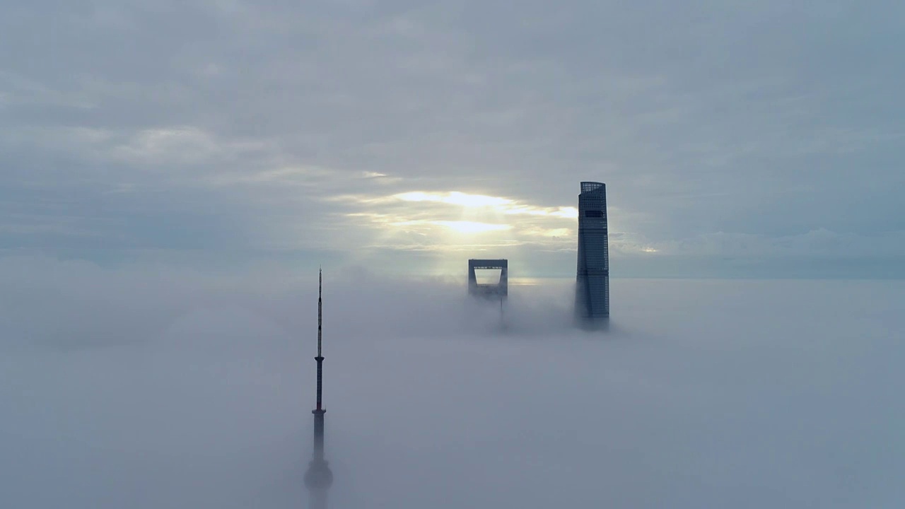 日出时平流雾下的上海市陆家嘴的建筑风光视频下载