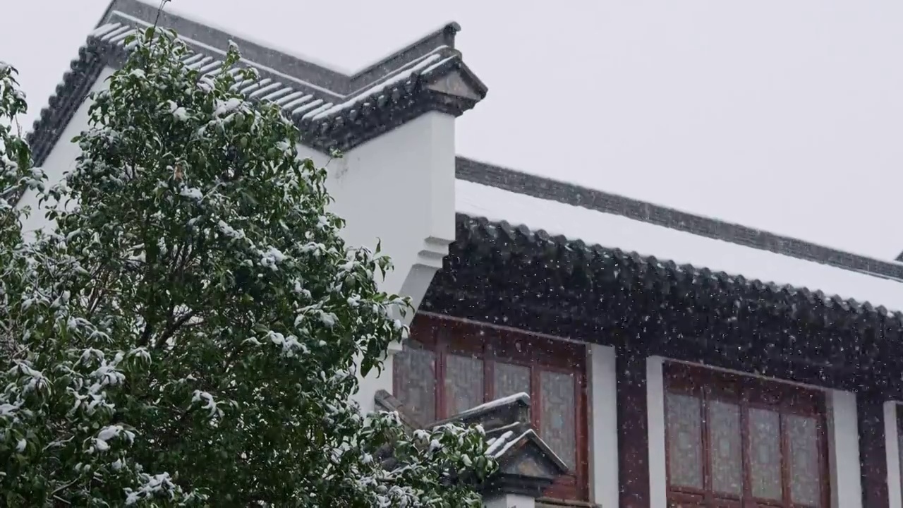 大雪纷飞中的江苏常州市春秋淹城风景区仿古街道视频下载