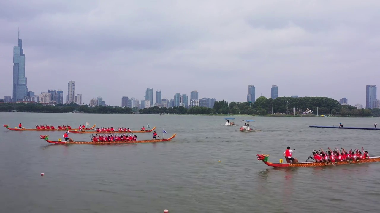 江苏南京玄武湖端午龙舟赛，划龙舟比赛视频下载