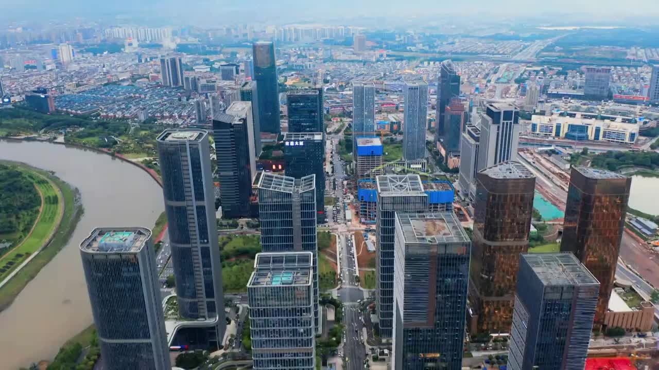 浙江义乌丝路金融小镇金融商务区城市建筑群4K航拍视频下载