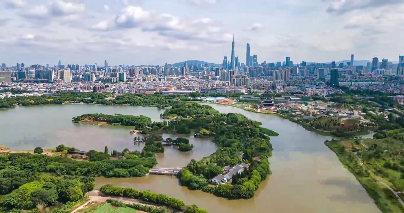 广州海珠湖海珠湿地城市天际线延时航拍4k视频素材