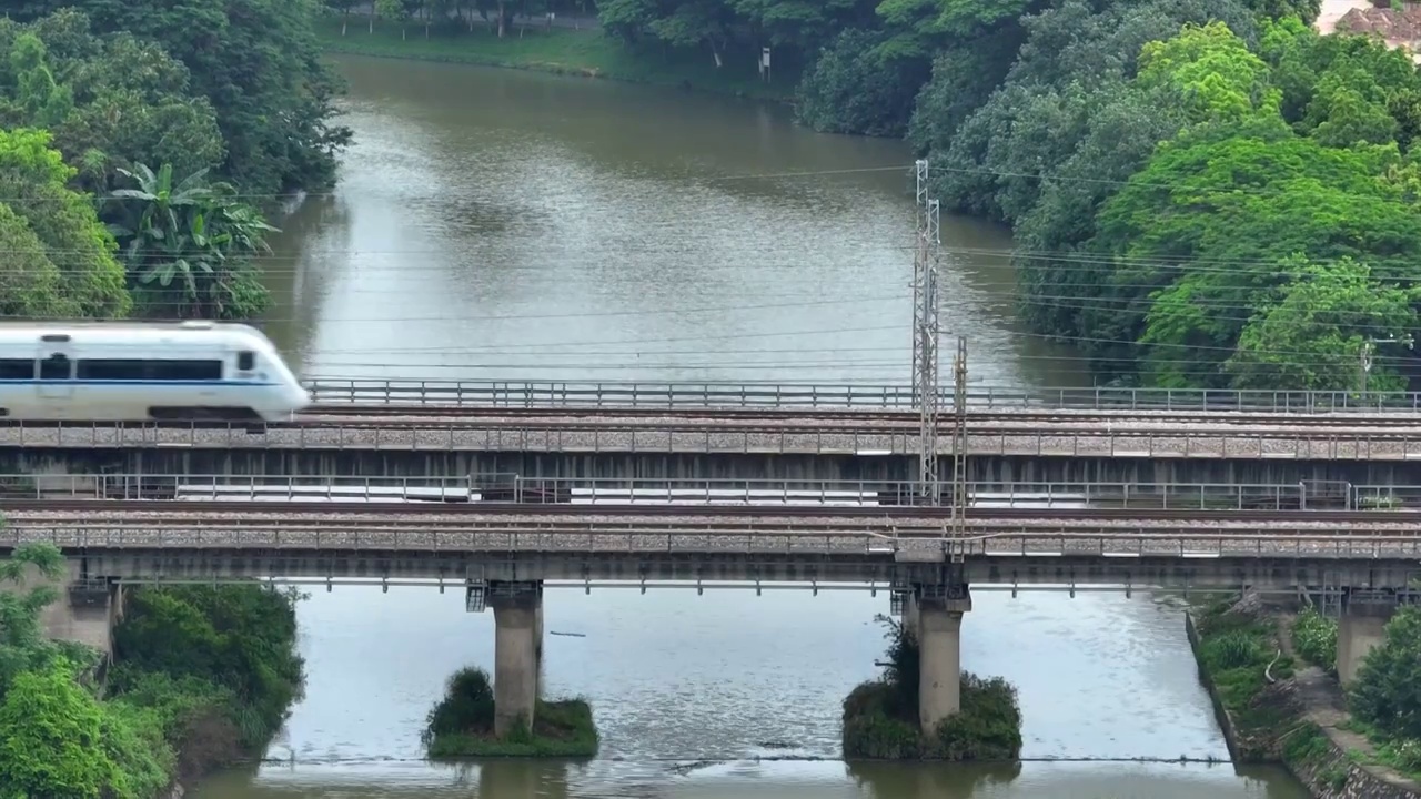 广深和谐号列车从东莞燕岭湿地公园湖面上行驶而过视频下载