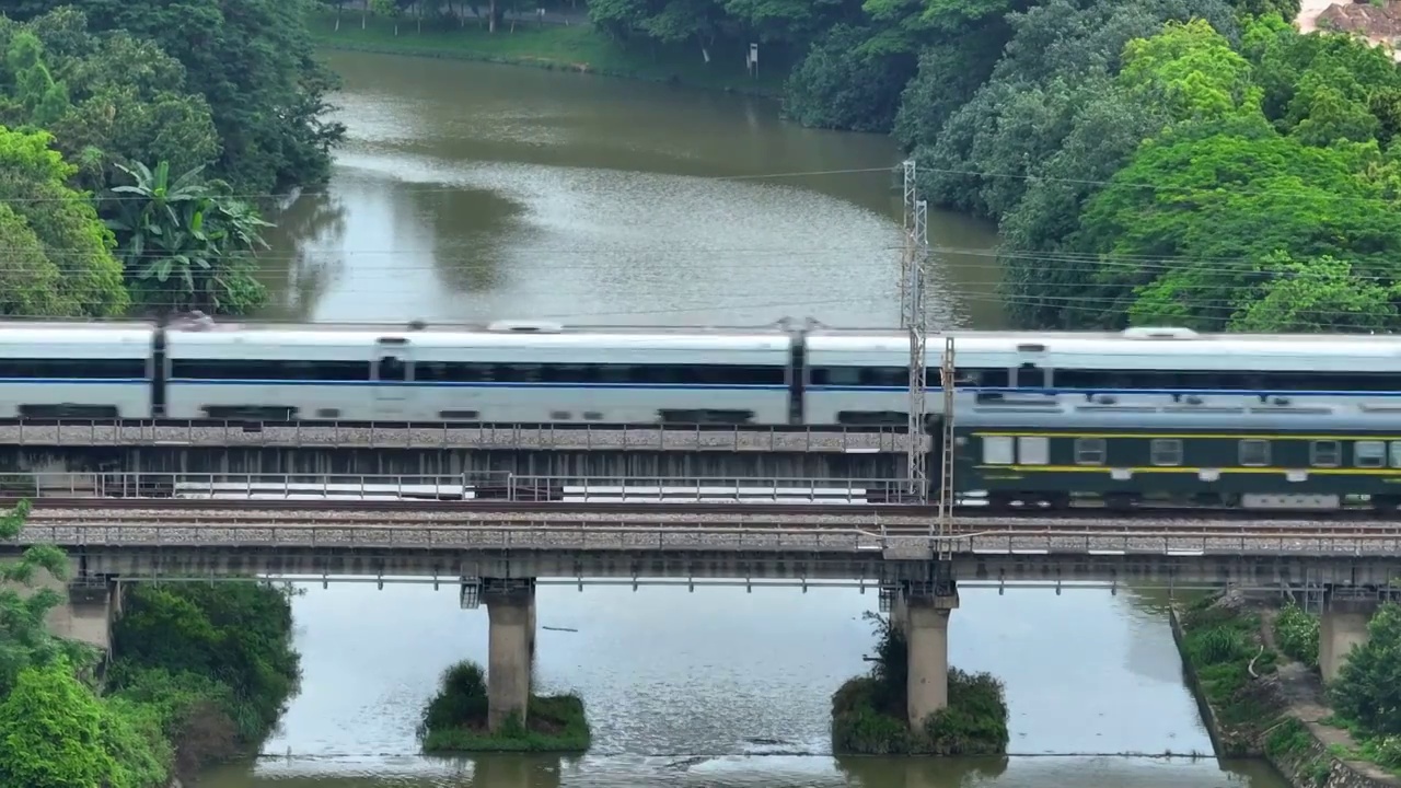 火车从东莞燕岭湿地公园湖面上行驶而过视频下载