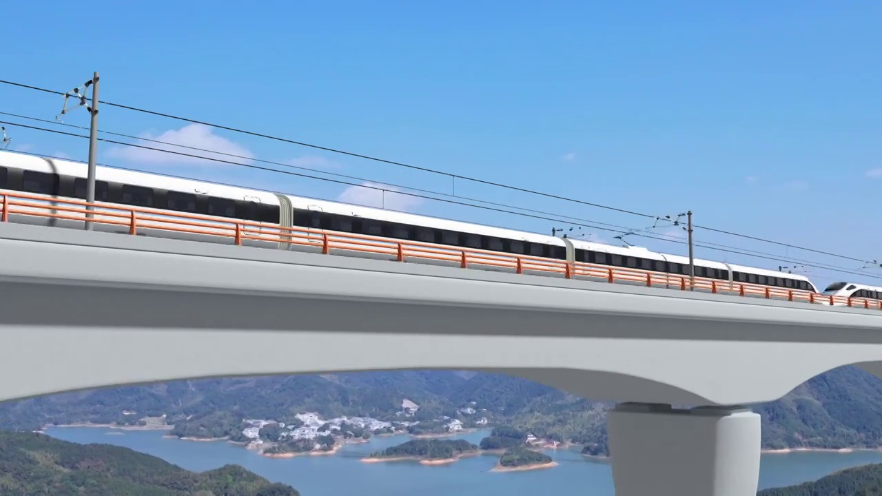 三维图形，高速列车快速通过铁路桥视频素材