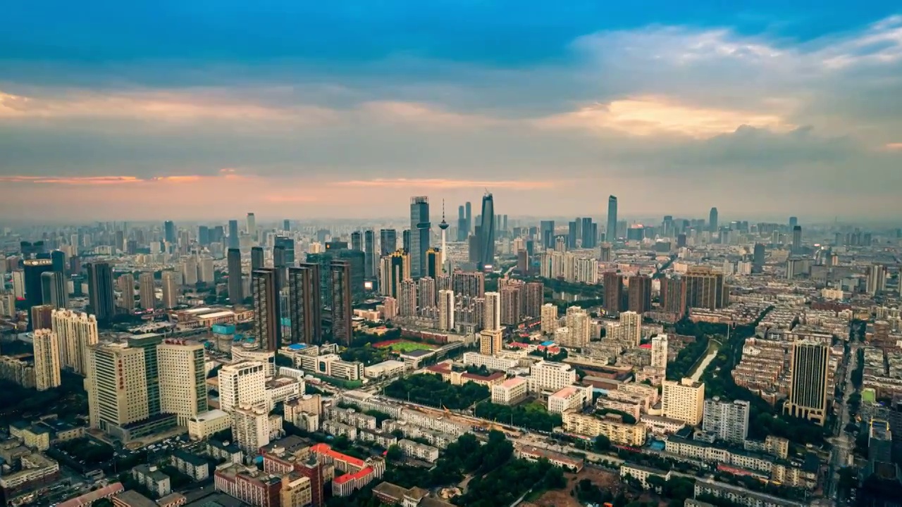 辽宁沈阳城市风景航拍地标建筑彩电塔日落视频素材