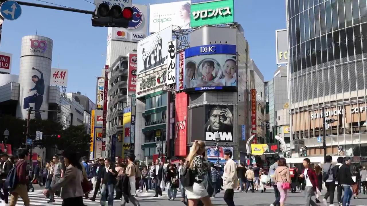 东京涉谷十字路口人流人群街景视频下载