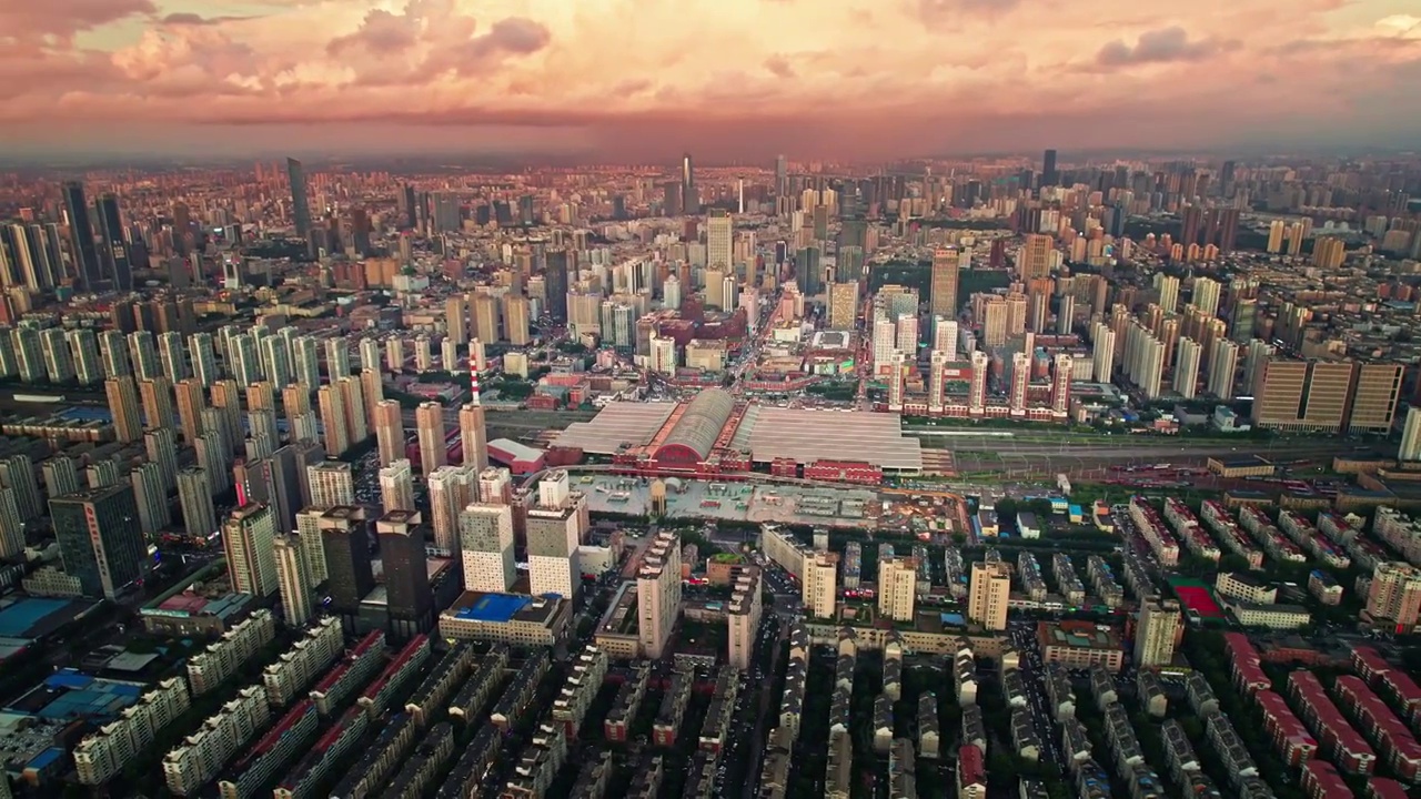 中国辽宁沈阳站火车站航拍城市风景视频素材