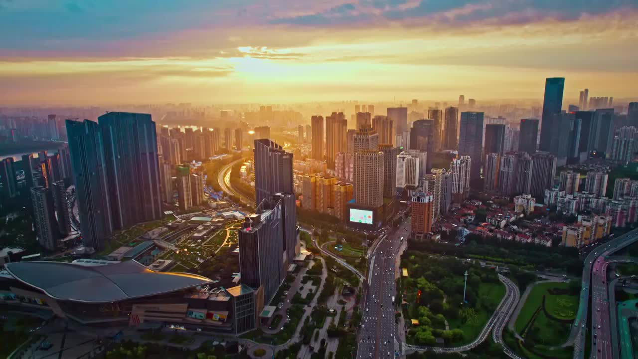 中国东北辽宁沈阳浑河城市风景航拍日落视频素材