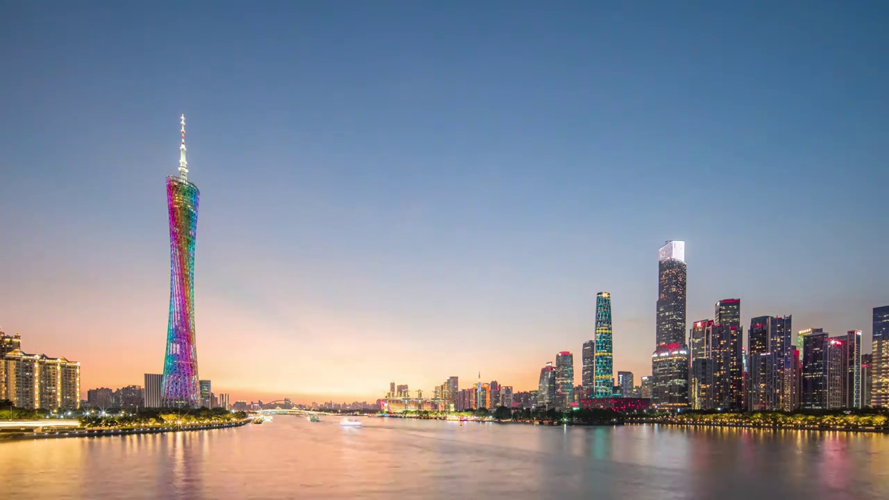 广州塔和珠江新城CBD城市天际线日转夜延时摄影视频素材