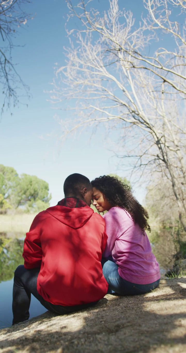 垂直视频微笑的非洲裔美国夫妇徒步旅行，分享浪漫的时刻坐在湖边视频下载