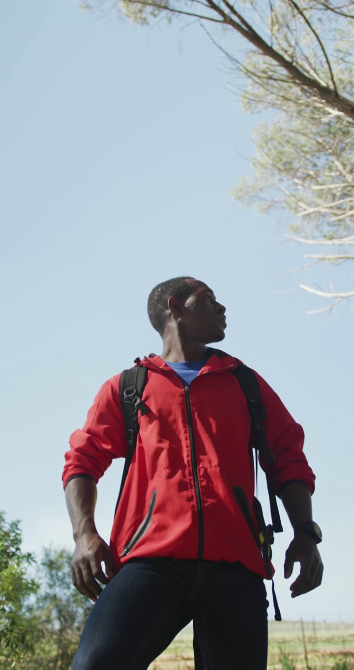 垂直视频快乐的非洲裔美国人在乡村徒步旅行，休息和享受景色视频下载