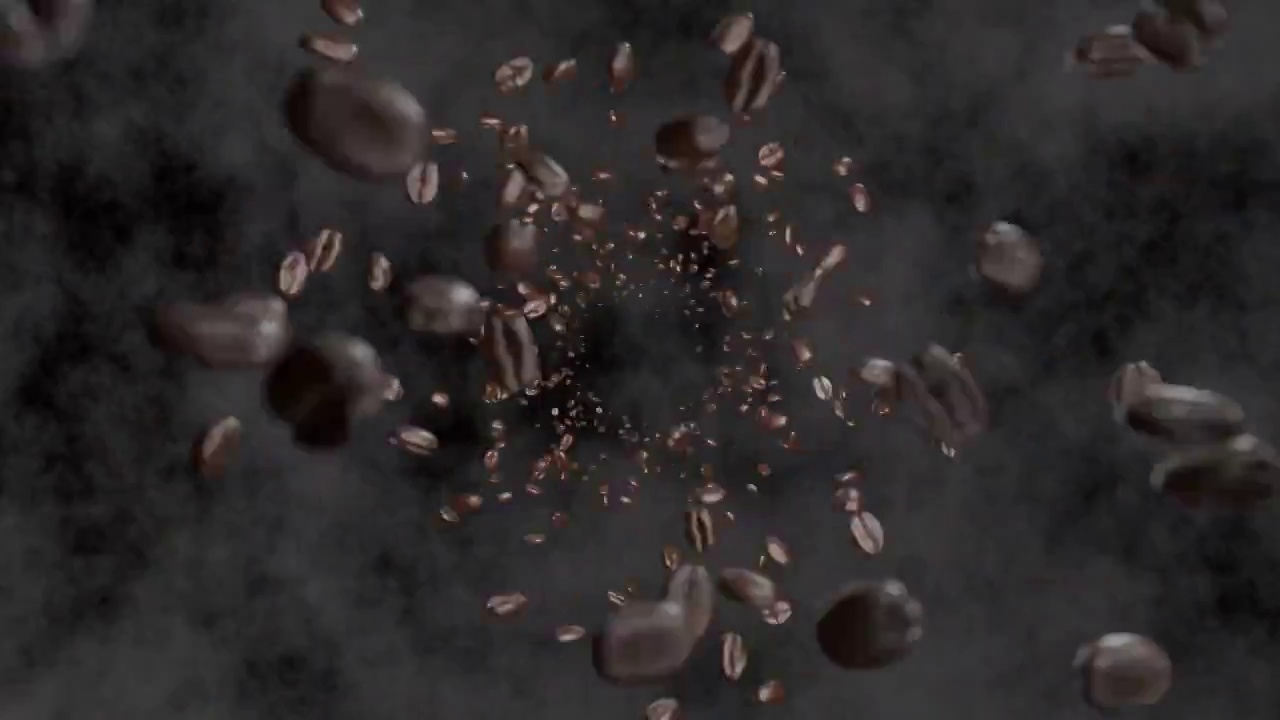 咖啡豆自由掉落运动CG动画动效特效暗调黑背景模拟8K视频下载