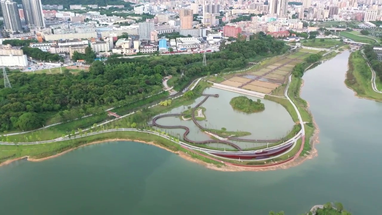 深圳市宝安区石岩湿地公园航拍视频素材