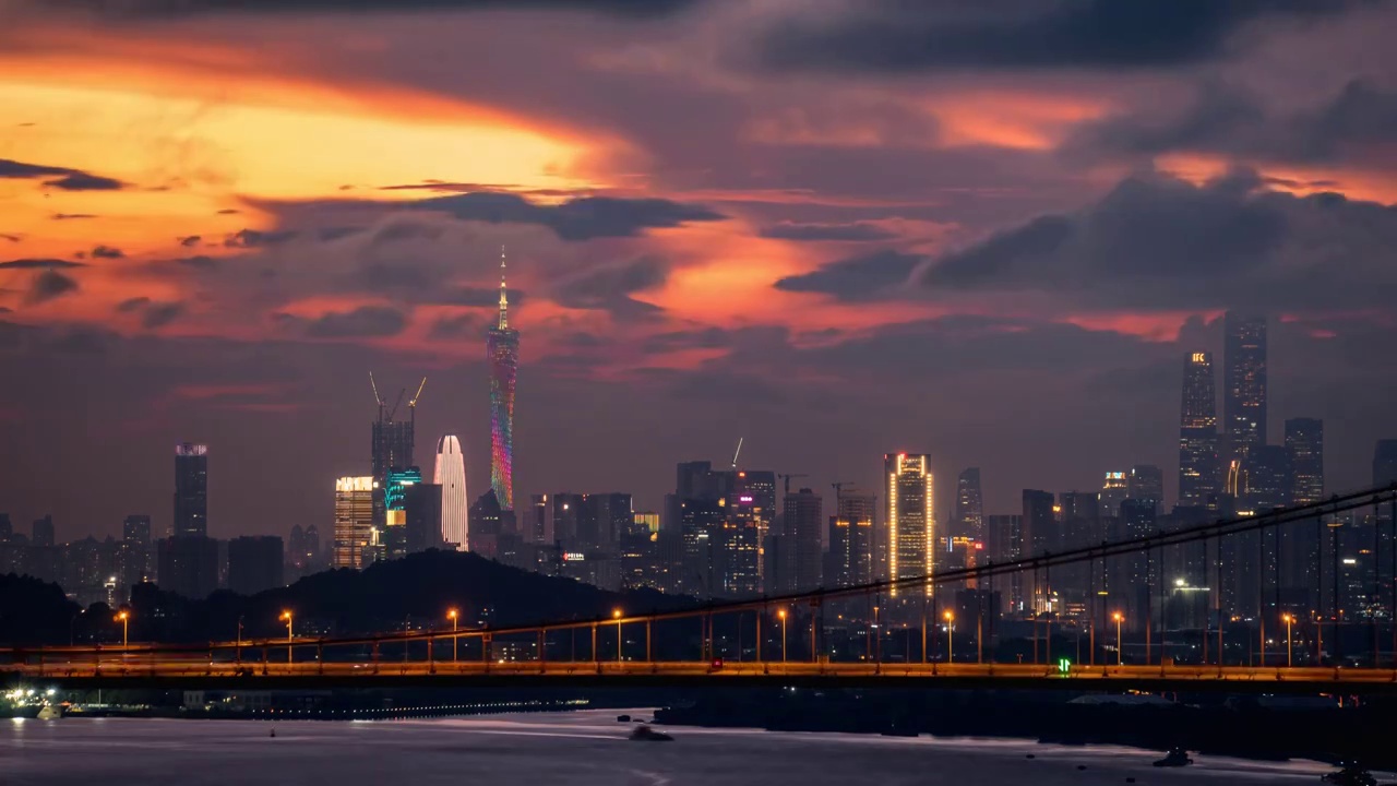 广州黄埔大桥与广州CBD的晚霞视频素材