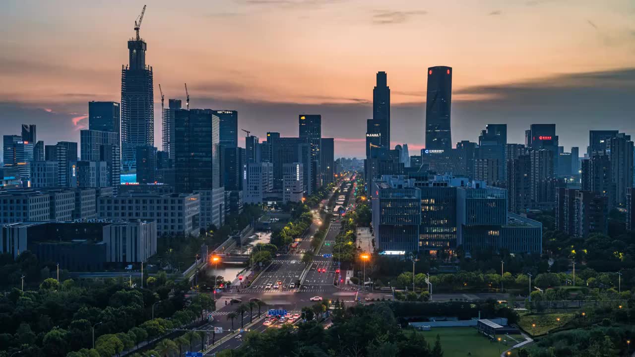 宁波东部新城、楼宇、街道、日落延时视频下载