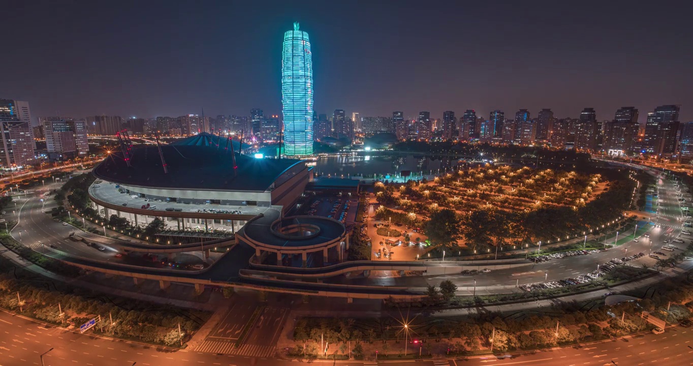河南郑州国际会展中心如意湖,绿地中心大玉米楼夕阳日转夜延时摄影夜景视频素材