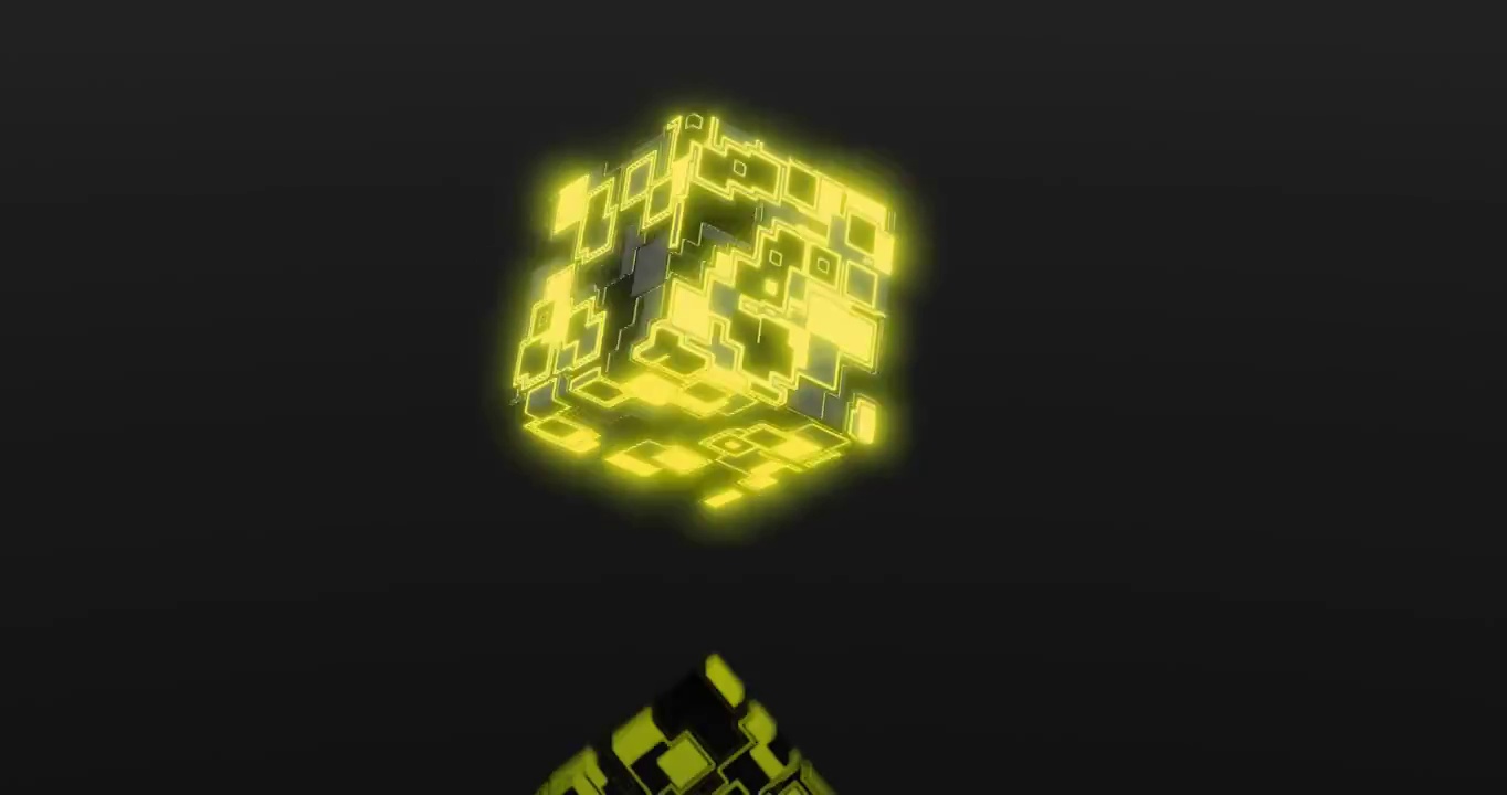 三维渲染建模：在镜面上旋转的黄色发光体视频下载