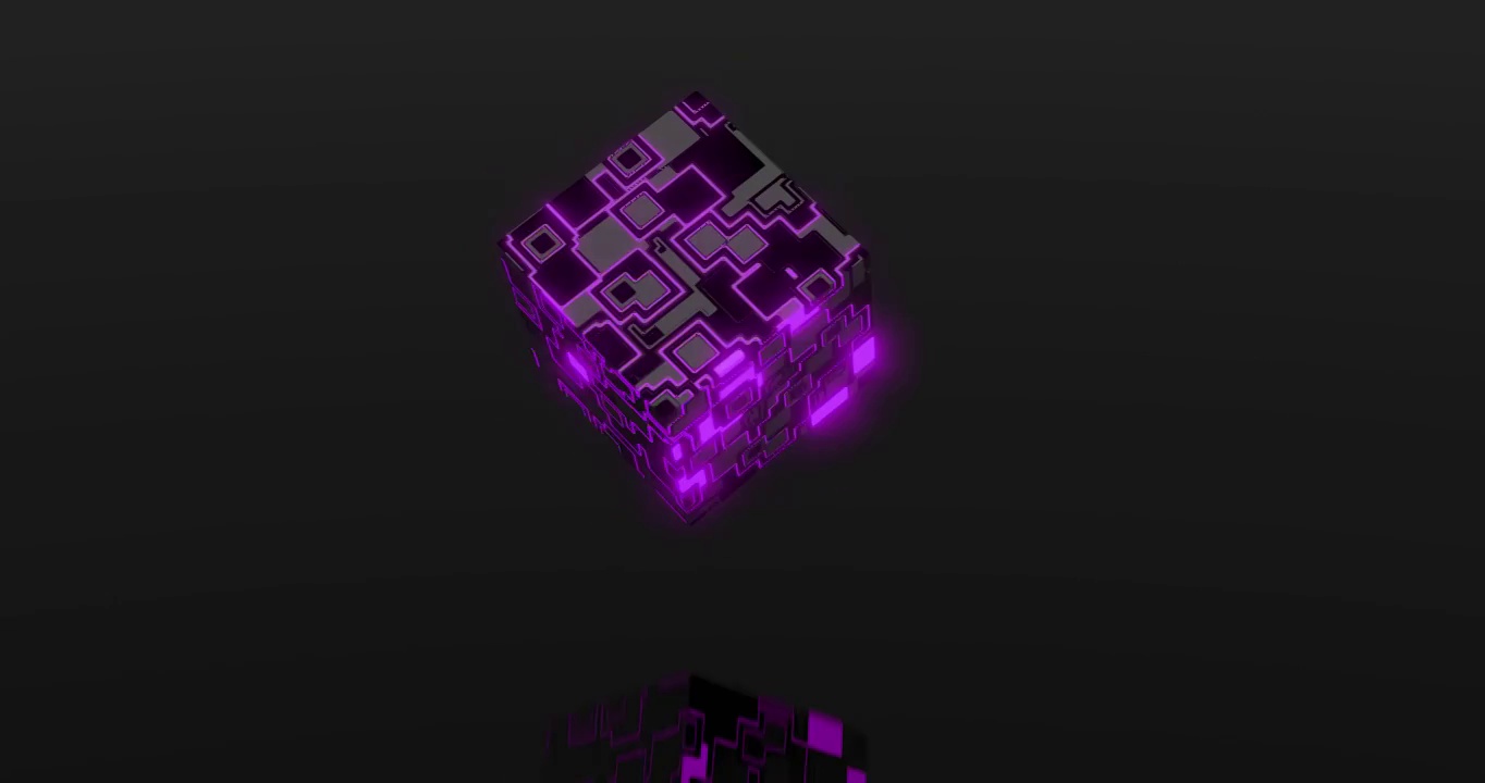 三维渲染建模：在镜面上旋转的紫色发光体视频下载