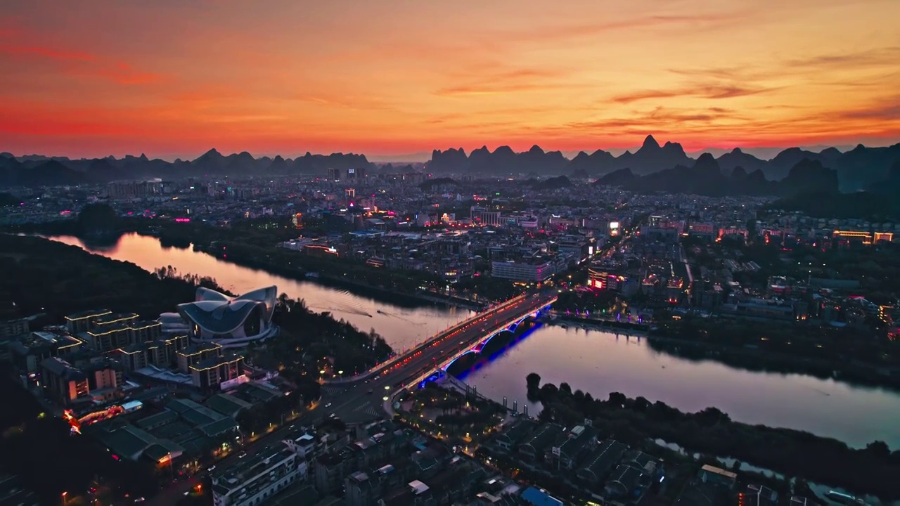 桂林市解放桥晚霞夜景视频素材