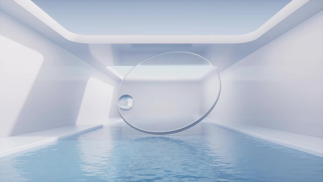 现代建筑水面与透明玻璃几何体3D渲染视频购买