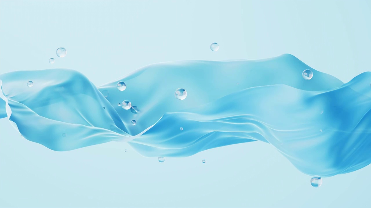 流动的蓝色布料与水珠3D渲染视频素材