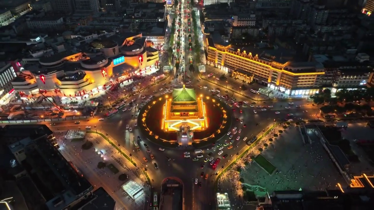 航拍陕西西安城区钟楼古建筑夜景灯光视频素材
