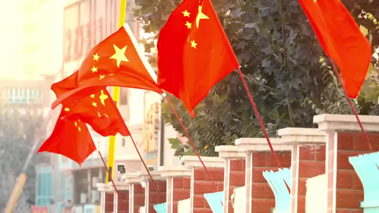 国庆节日氛围街道国旗视频下载