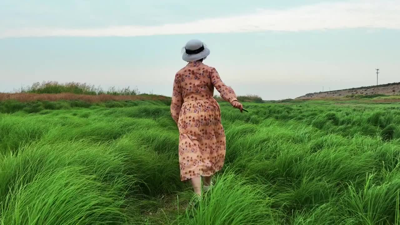 慢镜头升格拍摄江西鄱阳湖草海里奔跑的少女背影视频素材