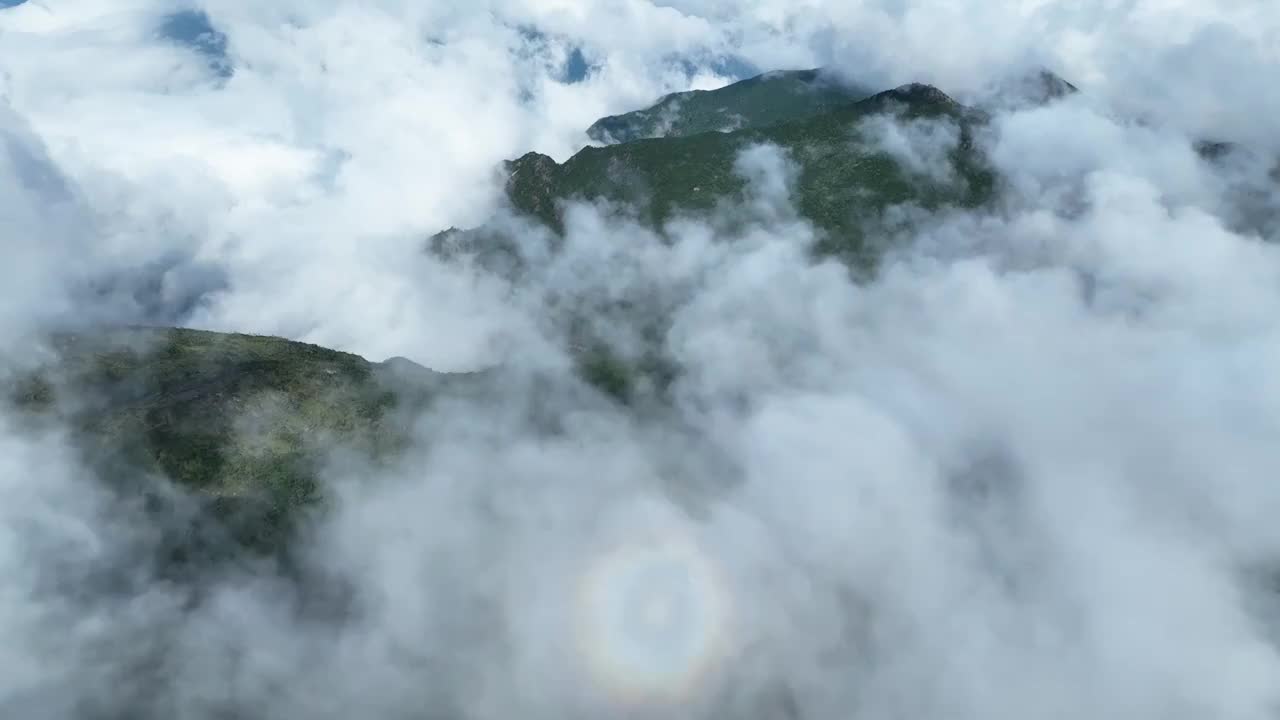 航拍大雾云海云层阳光晕佛光实拍彩虹高山顶视频素材