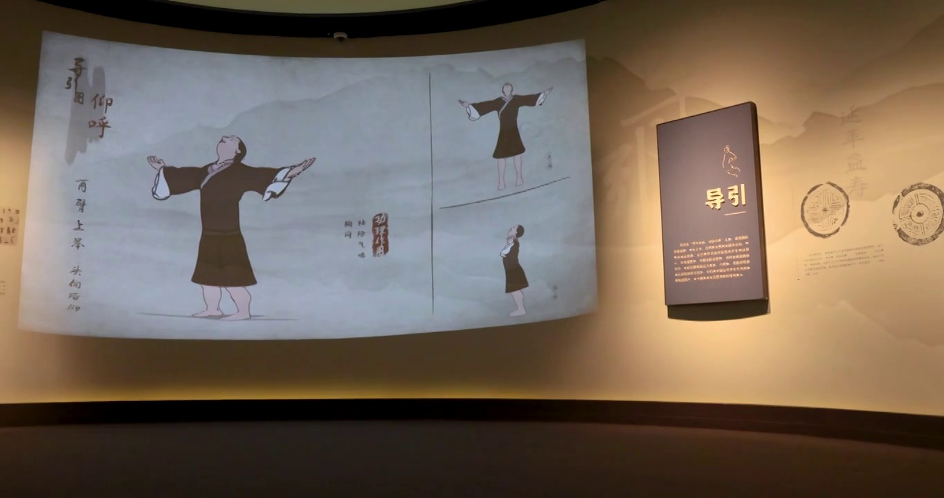 博物馆布景：传统气功养生术导引的投屏展示视频下载