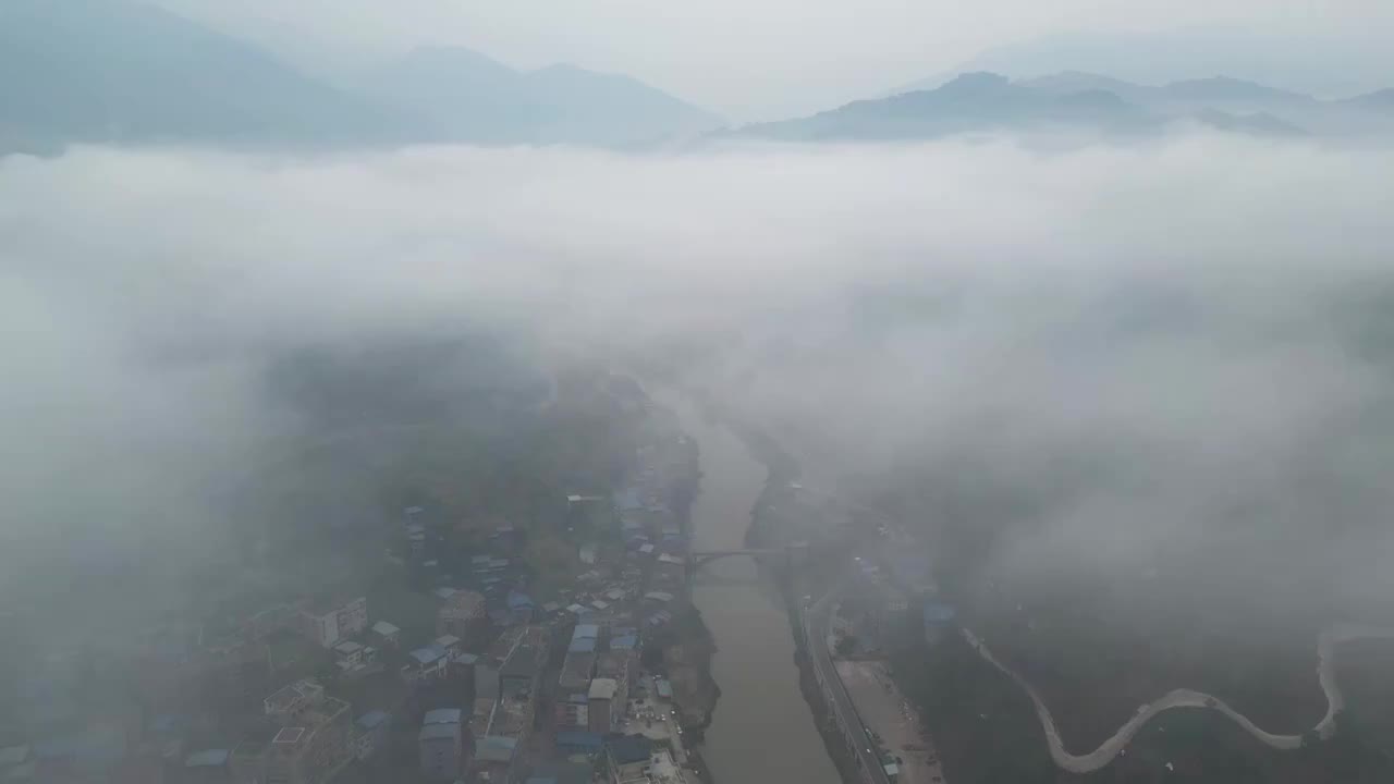山城河流云海自然美景航拍镜头视频素材