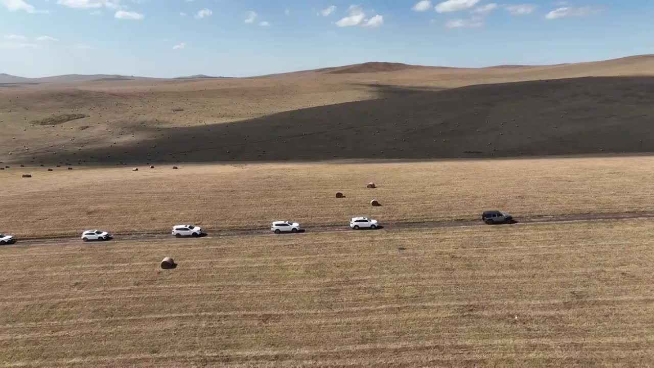 航拍车队穿越草原（秋季呼伦贝尔）视频下载