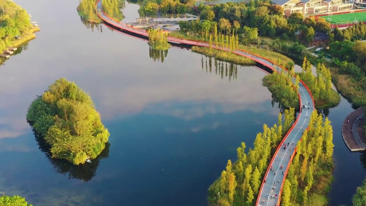 航拍城市公园湖泊秋色和市民骑行绿道景象视频下载