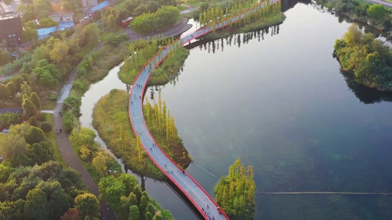 航拍城市公园湖泊秋色和市民骑行绿道景象视频素材