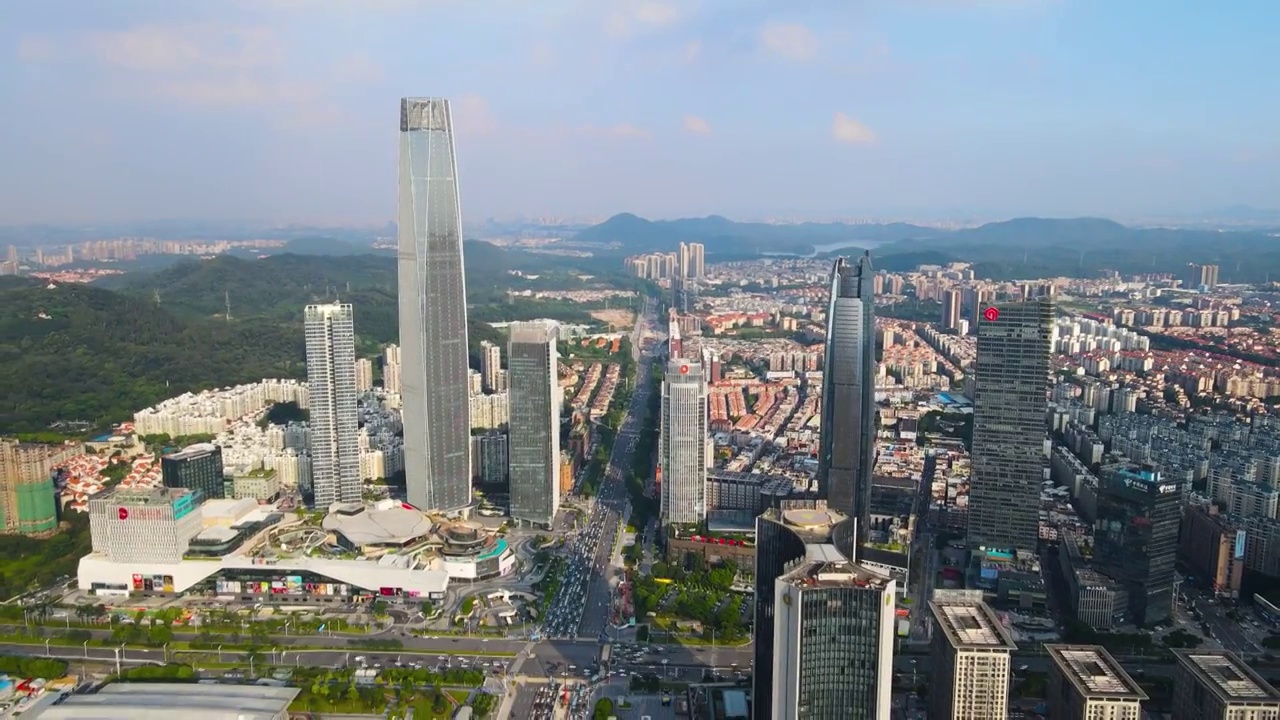 中国广东东莞国贸CBD建筑群城市天际线航拍视频素材