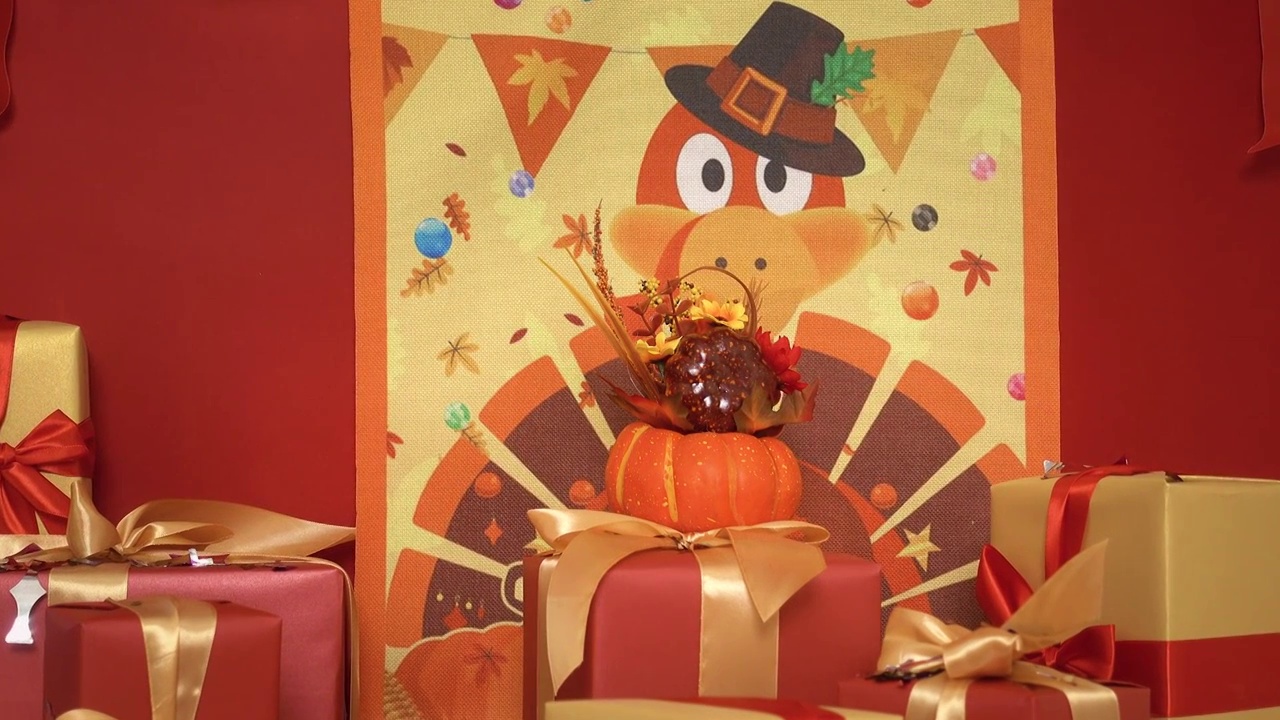 美国传统节日感恩节火鸡礼物礼盒场景背景视频下载