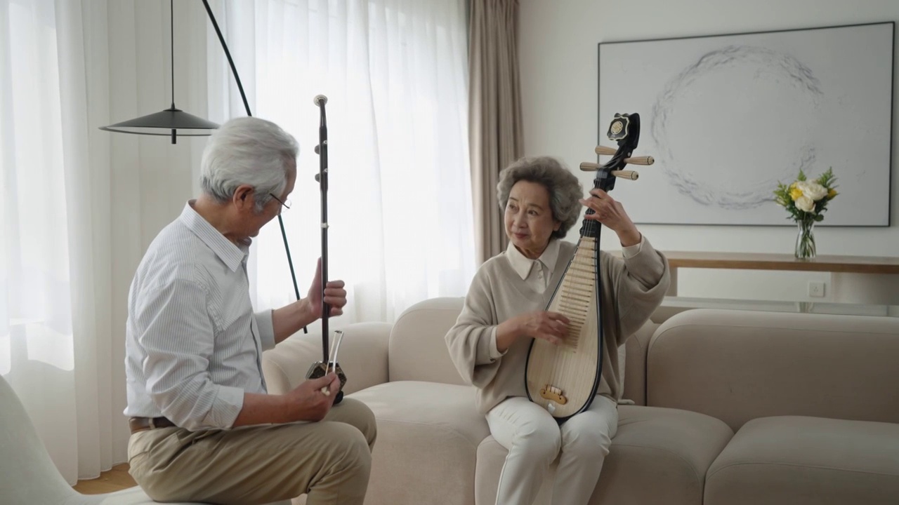 老年夫妇在家演奏传统乐器视频下载
