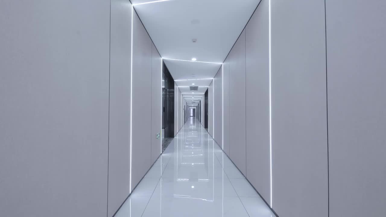 办公室现代风格走廊发光灯带抽象科技视频素材