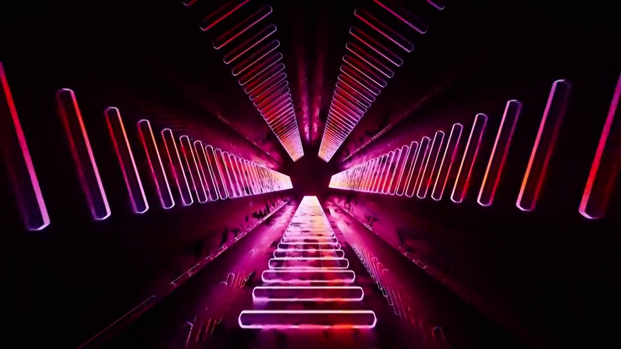 穿梭在发光霓虹线条隧道3D渲染视频素材