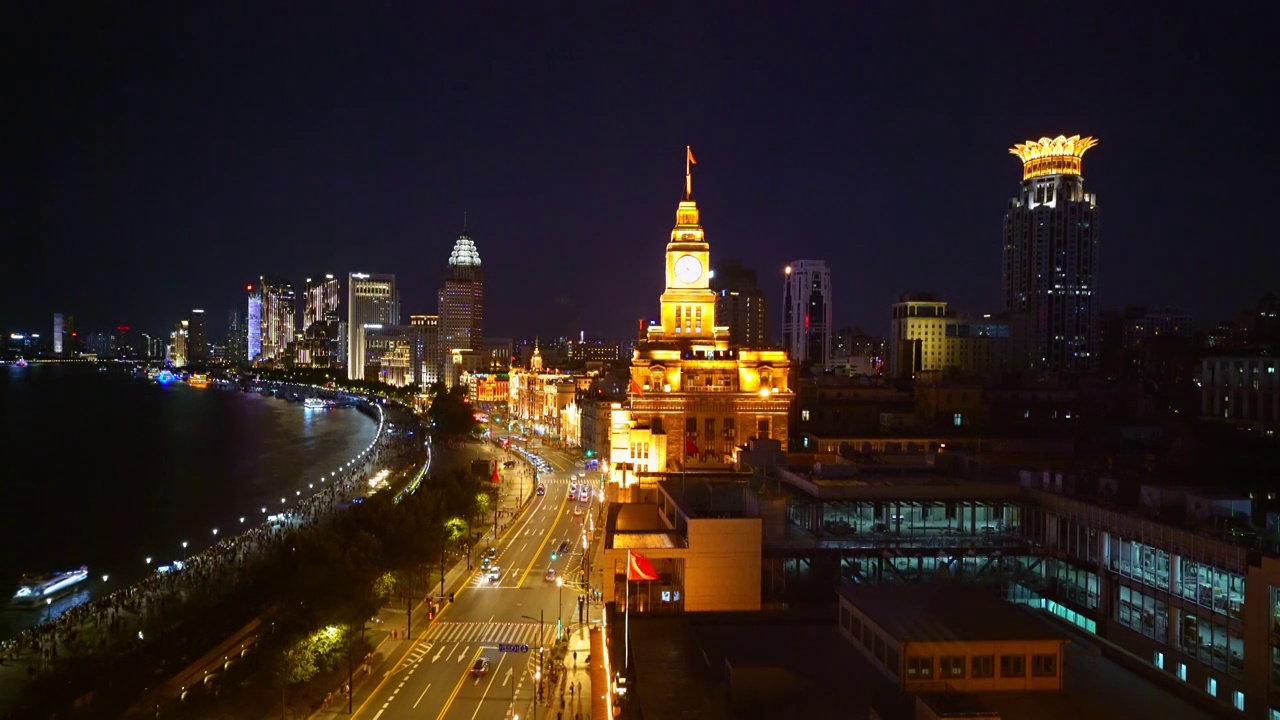 上海 黄浦区 夜景 海关大楼 外滩 车流 4K实时 视频视频下载
