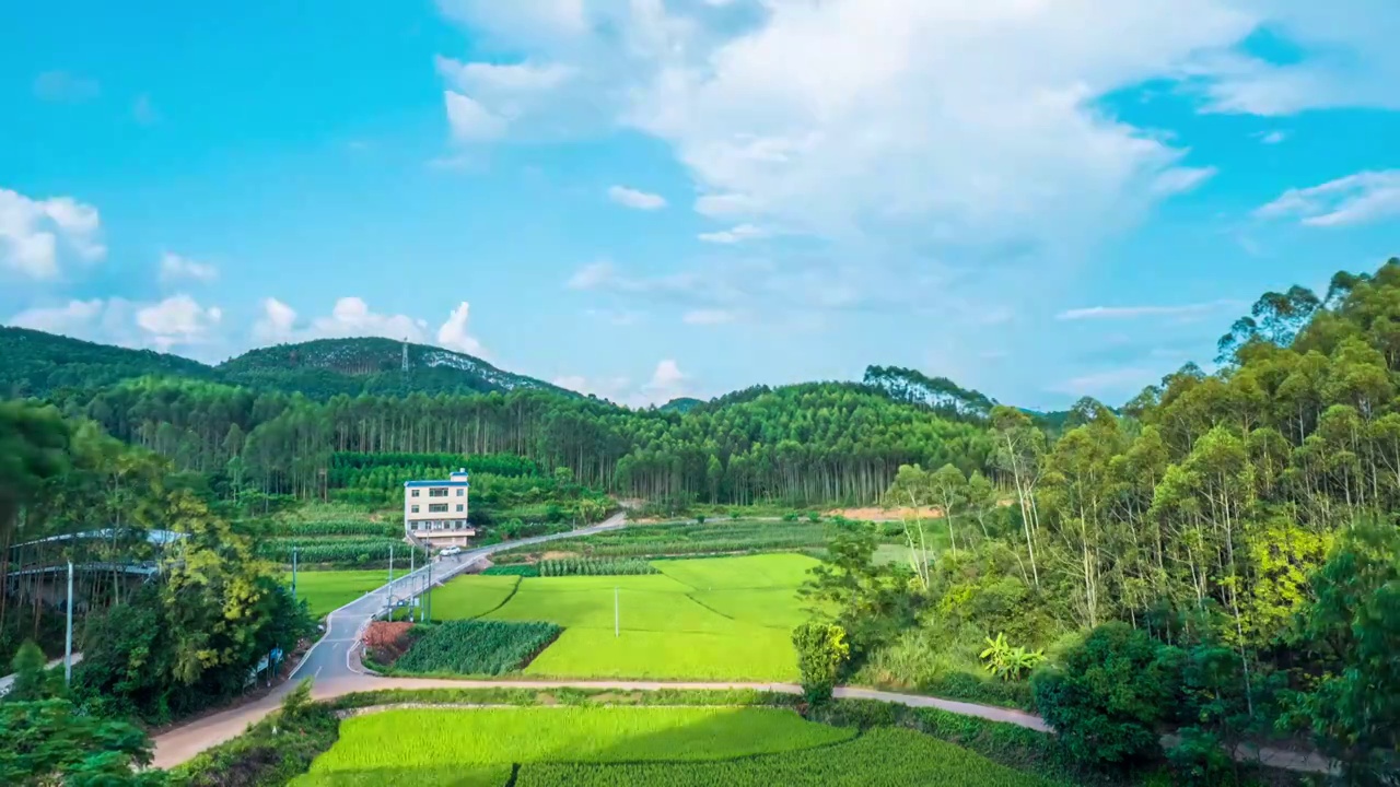 广西南宁乡村绿色山林稻田自然风光延时视频素材