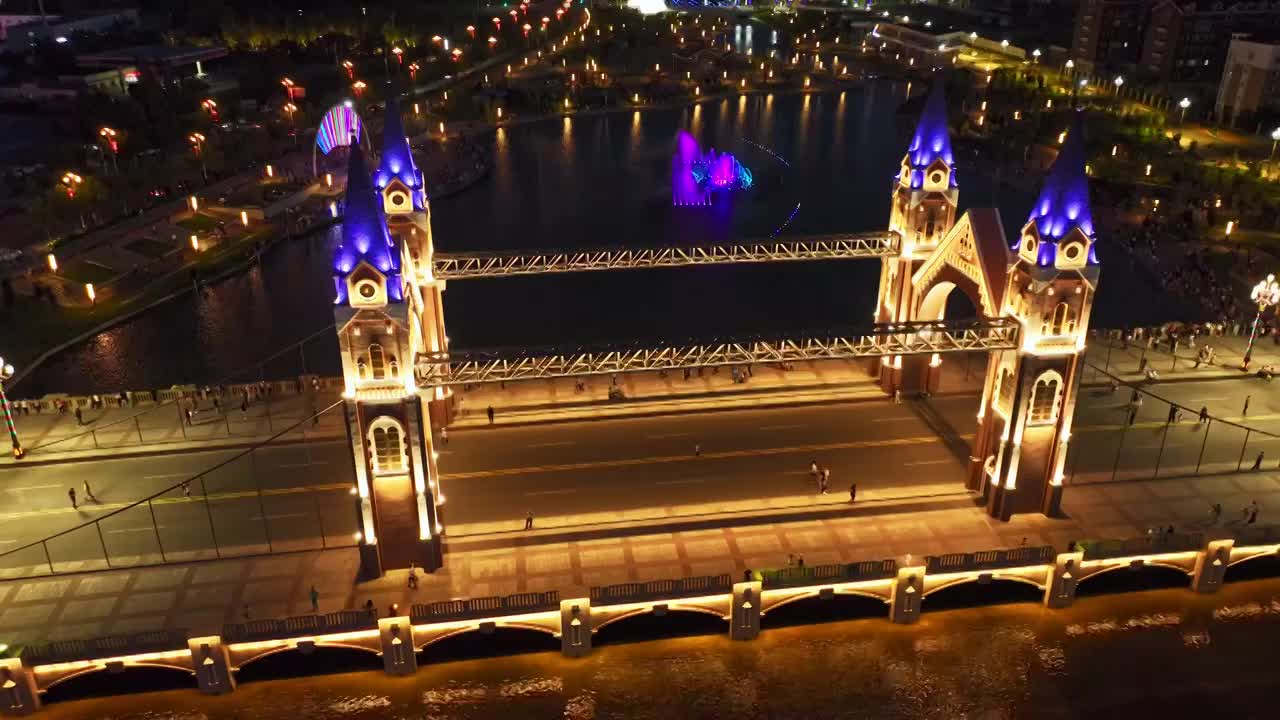 新疆布尔津网红桥夜景航拍视频素材