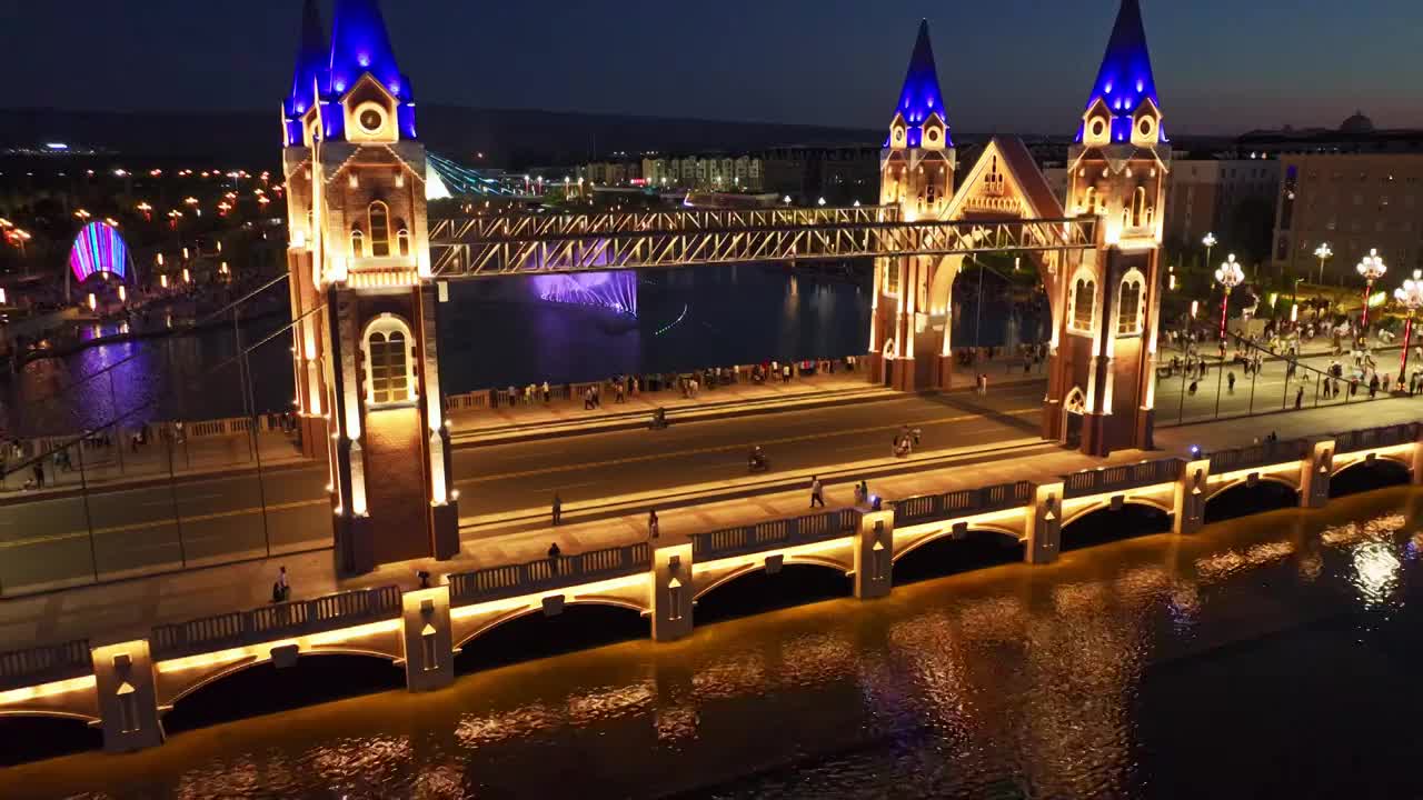 新疆布尔津网红桥夜景航拍视频素材