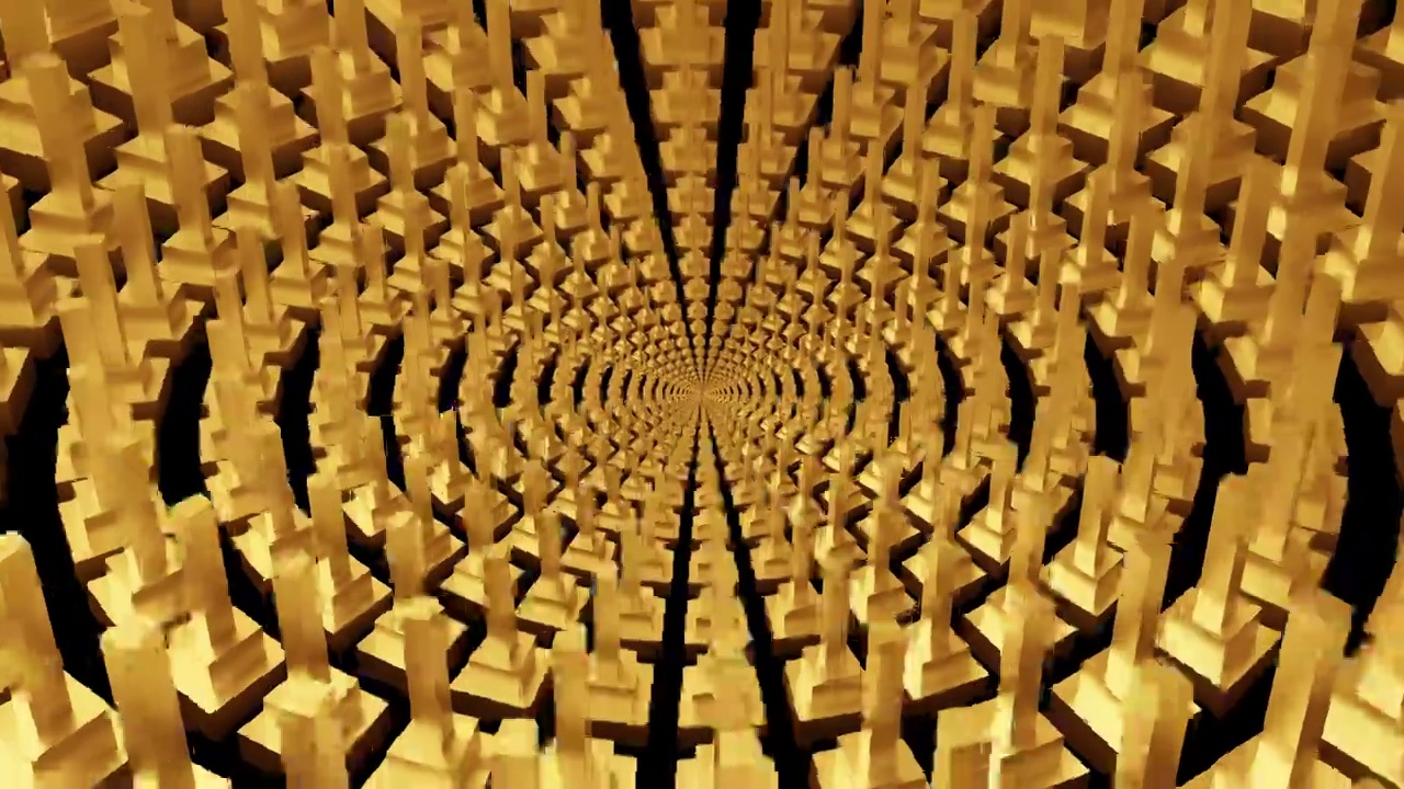 三维渲染建模：黄金质感的无穷立柱围绕成圆盘视频下载