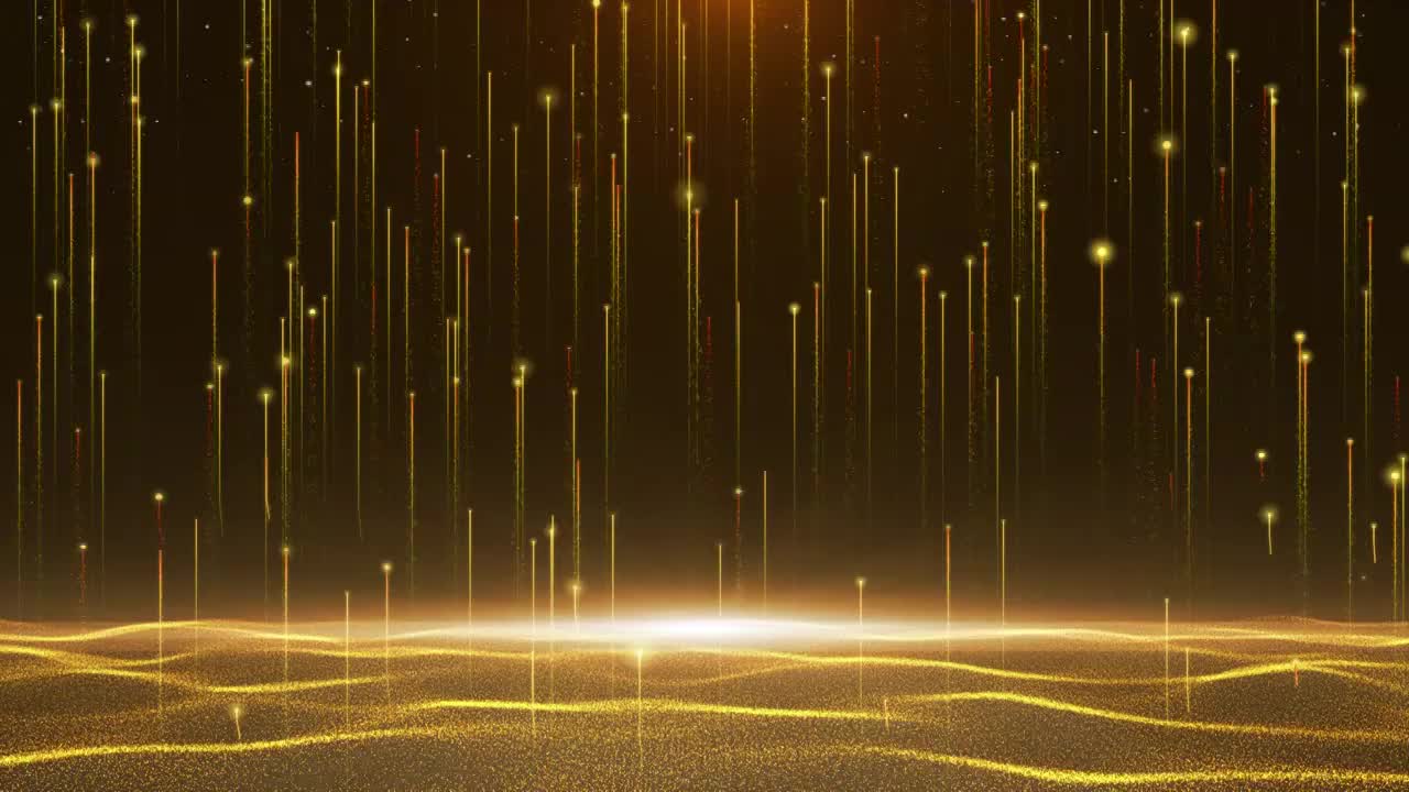 金色粒子上升和粒子波浪舞台背景视频素材